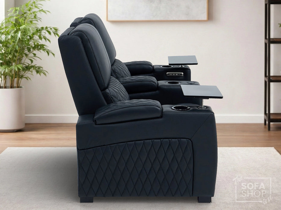 2 Seater Cinema Sofa in Black Real Leather | Luxury Theatre & Home Cinema Seating | Electric Recliner With Cooling Cup Holders + Lumbar Support | USB Charging + LED Lights | Assisi