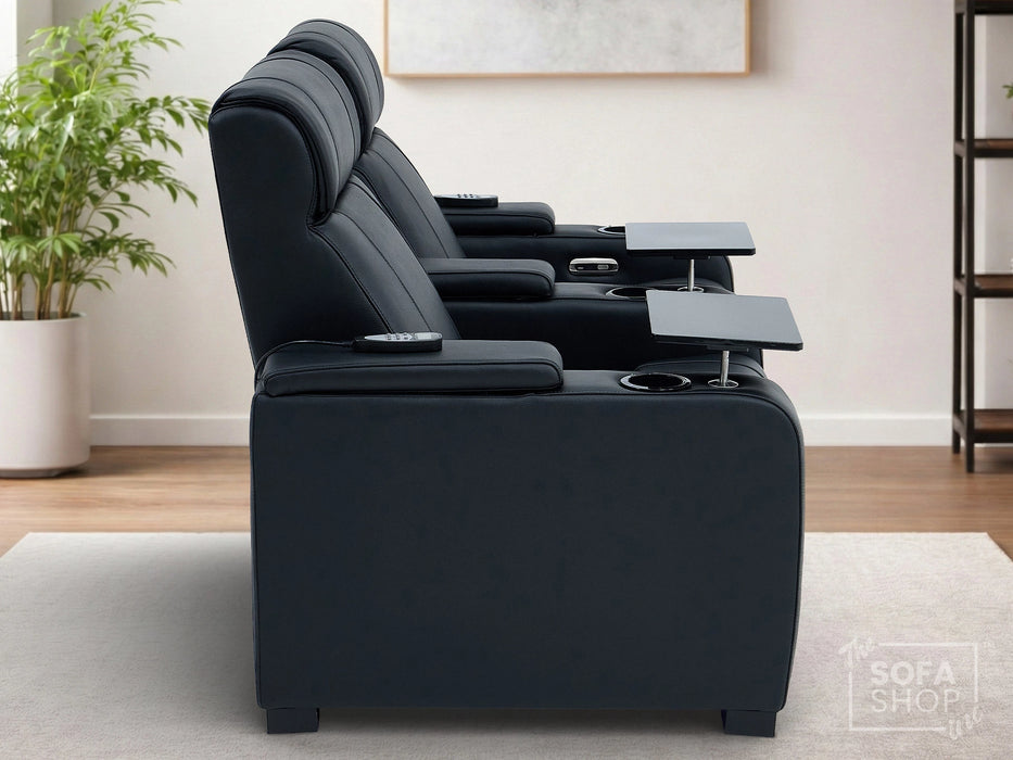 2 Seater Real Leather Electric Recliner Cinema Sofa in Black | Hi-Tech Cinema Sofa With Massage, Heated Lumbar, Power Grommet, Console & Chilled Cupholders | Rimini | The Sofa Shop