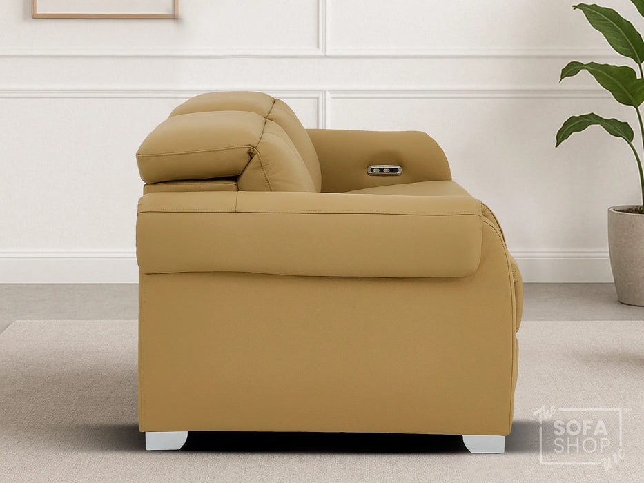 3 Seater Real Leather Recliner Sofa In Tan | Hi-Tech Sofa with Massage, USB Ports & Power Headrest | Turin