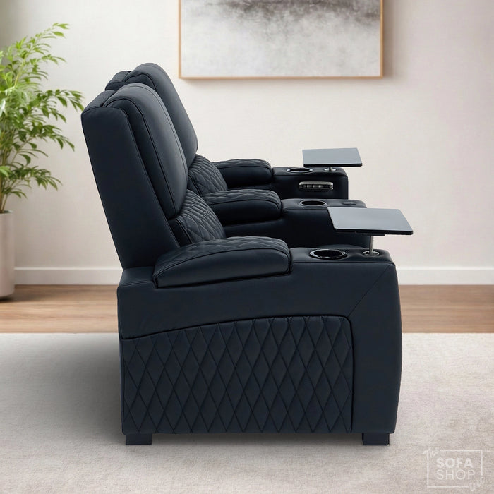 Real Leather 2 Piece Home Theatre Sofa Set in Black  | 3+2 Recliner Cinema Sofa Package with Power Lumbar, Cooling Cupholders, Tray Tables & USB+C | Assisi | The Sofa Shop