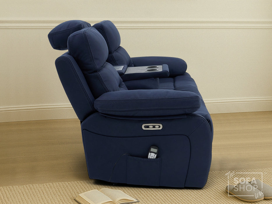 3+1 Electric Recliner Sofa Suite in Blue Resillience Fabric | Hi-Tech Cinema Set with Massage, Drop-Down Table, Power Headrest, Power Recliner, Storage Drawer, USB & Wireless Charging | Sicily