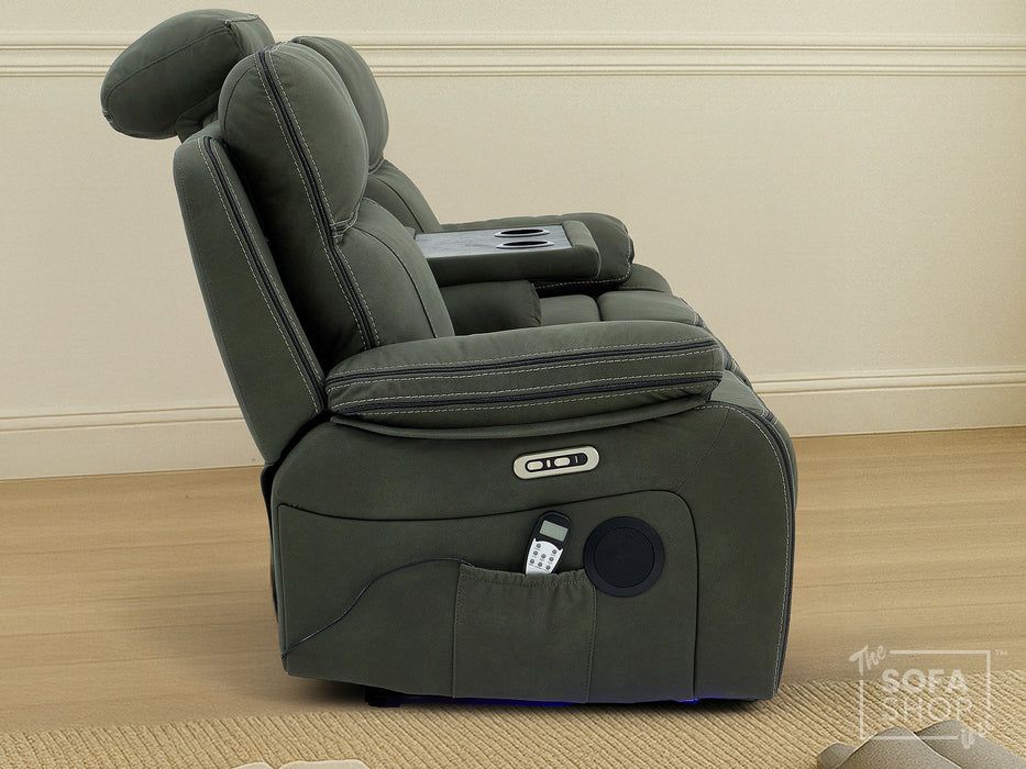 3 Seat Electric Recliner Home Cinema Theatre Sofa | Fabric Couch In Green with Massage + Cupholders + Table + Power + USB + Speakers | Vinsonova | The Sofa Shop