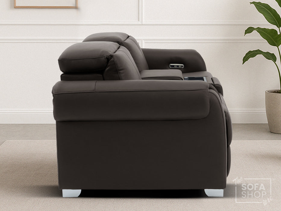2 Seater Real Leather Electric Recliner Sofa | Cinema Sofa | Hi-Tech Sofa in Brown with Middle Console, Adjustable Headrests & USB | Turin Series One