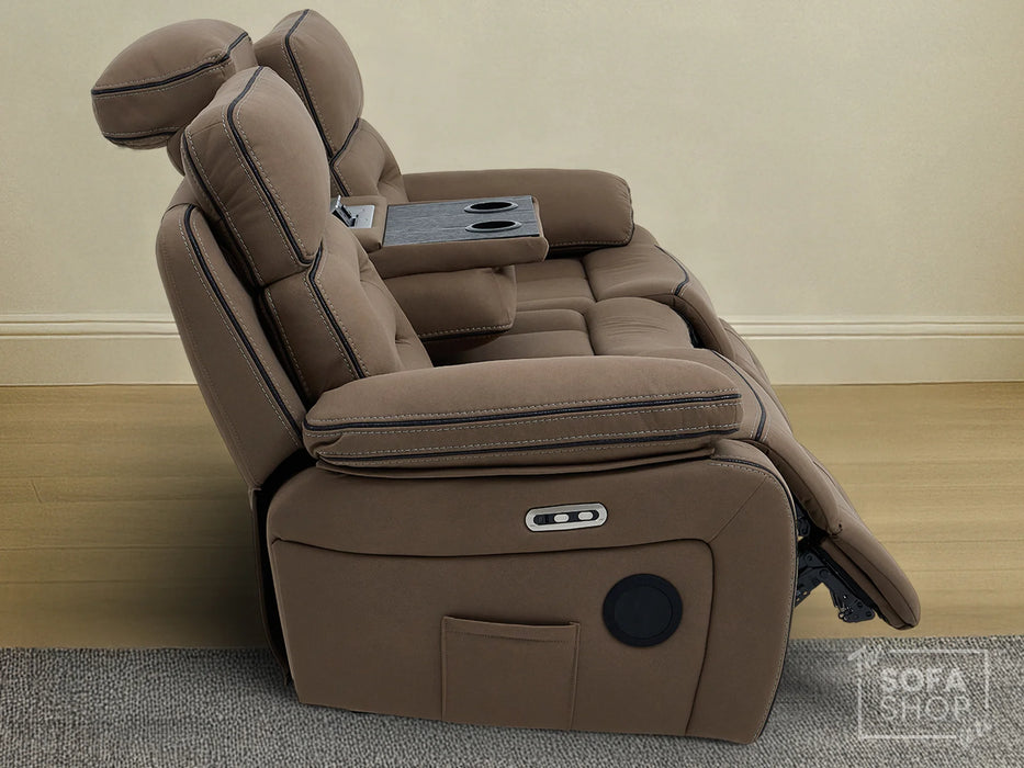 3+2+1 Piece Electric Home Cinema Sofa Set | Fabric Couch Suite Package In Brown | Hi-Tech Sofa Set with Cupholders + Console + Power + Massage + Speakers | Tuscany