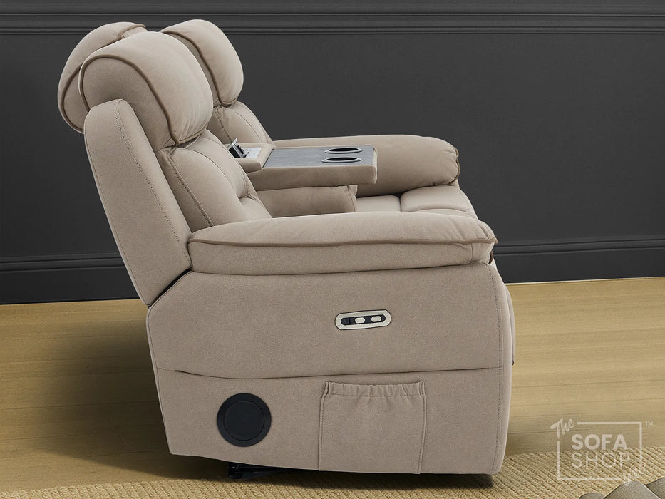 3 Seat Electric Recliner Home Cinema Sofa | Fabric Couch In Beige | Hi-Tech Sofa with Cup Holders + Table + Power Headrests + Speakers | Florence