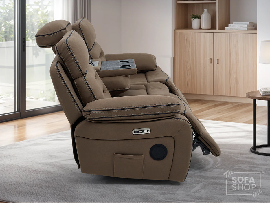 3 Seater Electric Recliner Cinema Sofa in Brown Fabric | Hi-Tech Sofa With 2 Power Reclining Buttons, Socket Set, Storage Drawer, Fold-Down Table, Bluetooth Speakers, Reading Lamps & Power Headrest | Tuscany | The Sofa Shop
