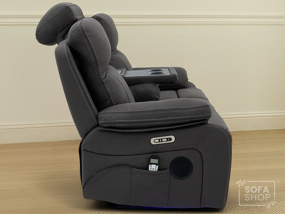 3 Seat Electric Recliner Home Cinema Theatre Sofa | Fabric Couch In Grey with Massage + Cupholders + Table + USB + Speakers | Vinsonova | The Sofa Shop