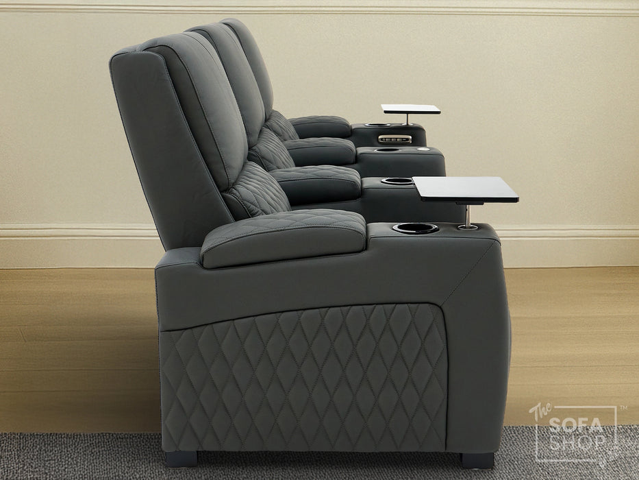 Real Leather 3+1 Home Theatre Sofa Suite In Grey | 2 Piece Reclining Cinema Sofa Package With Massage, Low Heated Lumbar, Power Lumbar, LED & Cooling Cup Holders | Assisi