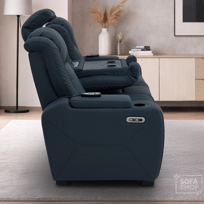 3 Seater Electric Recliner Cinema Sofa in Blue Genuine Leather with Massage, Drop-Down Table, Cup Holders, Power Recliner, USB Ports & Storage Box | Napoli