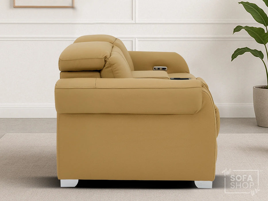 3+2 Real Leather Electric Recliner Sofa Set In Tan | Hi-Tech Sofa Set with Massage, Console, USB Ports, Power Headrest, Wireless Charger & Storage Box | Turin