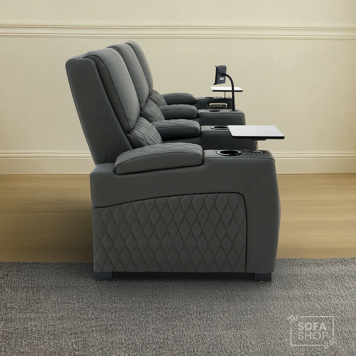 3 Seat Real Leather Electric Recliner Home Cinema Theatre Sofa In Grey with Chilled Cupholder + USB C to Stay Charged + Fully Reclining Seats & Lumbar Support | Assisi