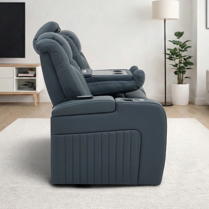 3 Seater Real Leather Recliner Sofa In Blue | Cinema Sofa with Massage, Heating, USB Ports, Drop-Down Table, LED Lights & Massage | Capri | The Sofa Shop