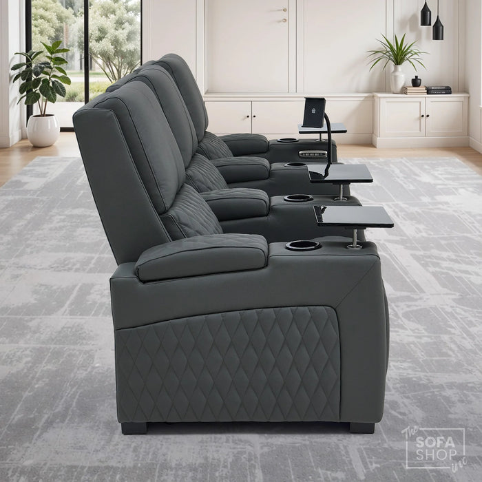 Real Leather 3+1 Home Theatre Sofa Suite In Grey | 2 Piece Reclining Cinema Sofa Package With Massage, Low Heated Lumbar, Power Lumbar, LED & Cooling Cup Holders | Assisi