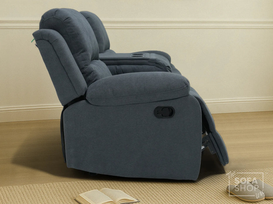 3 Seater Recliner Sofa in Dark Grey Fabric with Drop-Down Table & Cup Holders | Comfortable & Family-Friendly Sofa | Trento