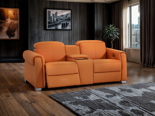 2 Seater Leather Recliner Sofa with USB Ports, Power Headrest, Console, Black Cup Holder & Wireless Charger | Orange Genuine Leather | Turin | Sofa Shop