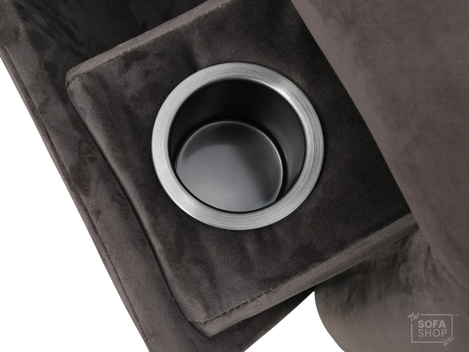 Extendable Electric Sofa - Bed in Grey Velvet Fabric | 3 Independant Power Motion Seats Perfect for Cinema Room & Home Theatre | 3 Seater with Cupholder + USBc & Wireless Charging | Almeria