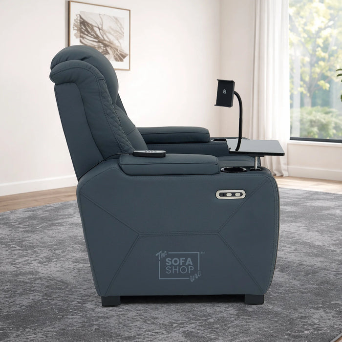 1 Seater Real Leather Electric Recliner Cinema Chair in Blue | Massage & Heat, Tray Table, Power Grommet & Cooling Cup Holder | Napoli | The Sofa Shop