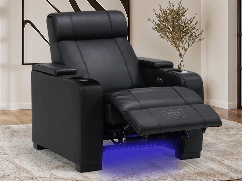 1 Seat Real Leather Electric Recliner Chair Home Cinema Sofa In Black with Massage, Cup Holders + Storage + USB + LED Lights | Rimini