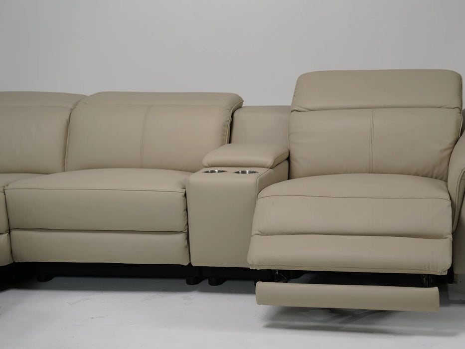 Cream Leather Curved Arm Recliner Corner Sofa with Power Headrest + USB + Storage + Silver Cup Holders - 34