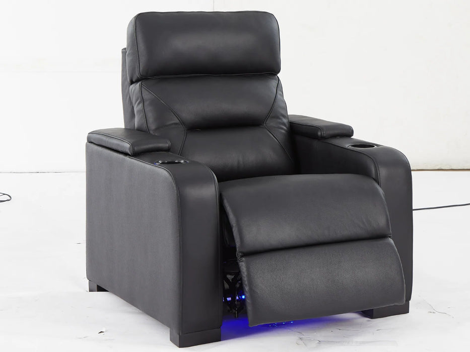 1 Seat Electric Recliner Chair Home Cinema Sofa | Real Leather Chair in Black with Power Headrest + LED Cup Holders + Storage - Trapani - 25