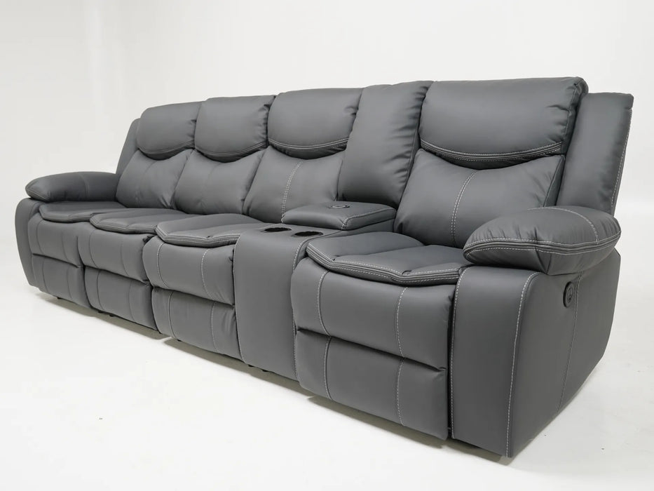 4 Seater Electric Recliner Sofa in Grey Leather | Different Colour Stitching on Left-Hand Facing and Right-Hand Facing Sides | Highgate | Second Hand Sofa 85 (New – Mismatched Stitching)