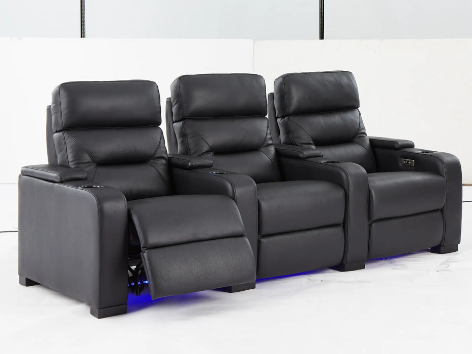 3 Seat Electric Recliner Home Cinema Theatre Sofa | Real Leather Couch in Black with Power Reclining, Power Headrests, LED Cup Holders & Storage Arms - 24