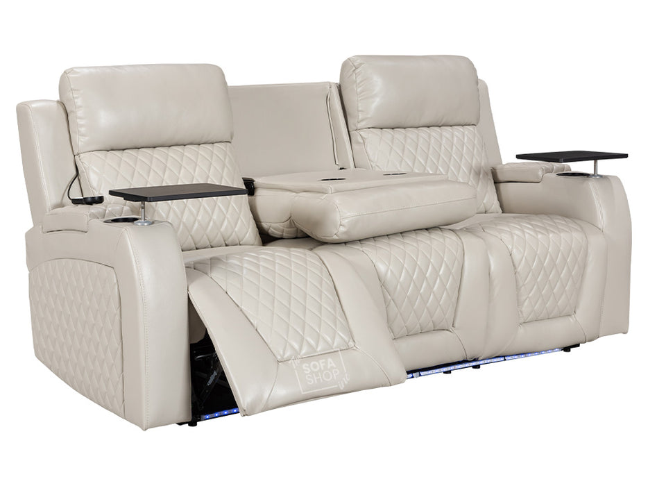 3 Seater Electric Recliner Cinema Sofa in Light Beige Leather with USB Ports & Cup Holders - Venice Series Two