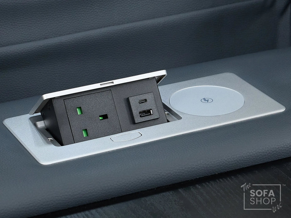 3 Seater Real Leather Recliner Sofa In Blue | Cinema Sofa with Massage, Heating, USB Ports, Drop-Down Table, LED Lights & Massage | Capri | The Sofa Shop