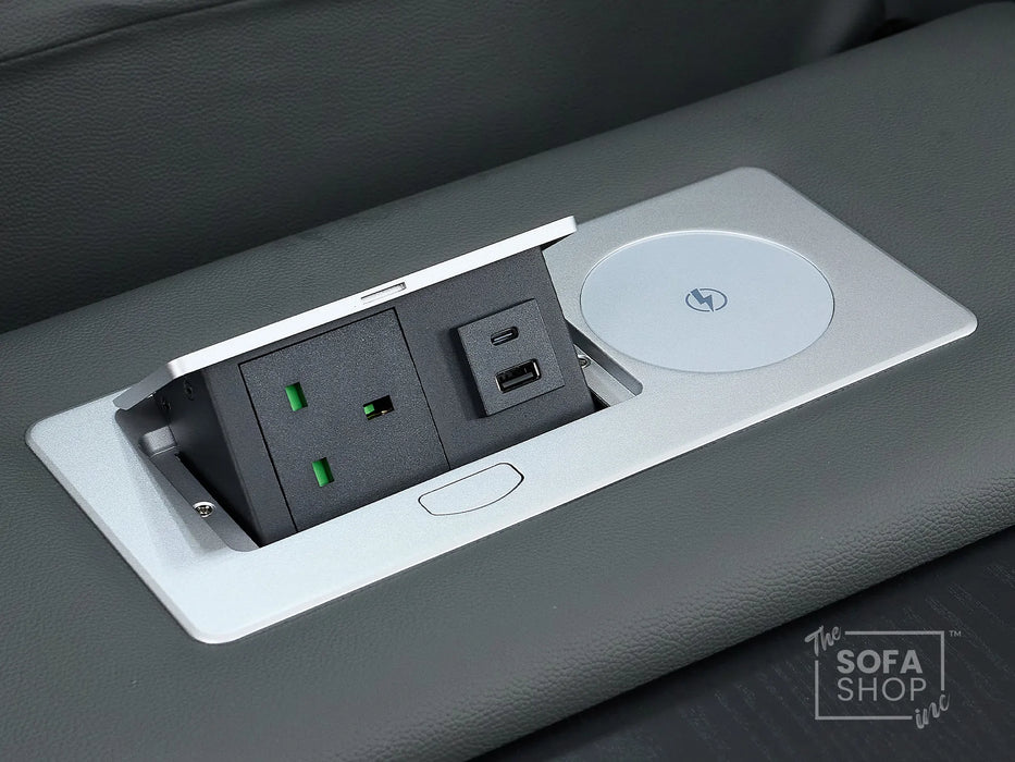 3 Seater Recliner Cinema Sofa | Theatre Couch in Grey Real Leather with USB Ports, Heating, Cup Holders, and Wireless Charger | Capri | The Sofa Shop