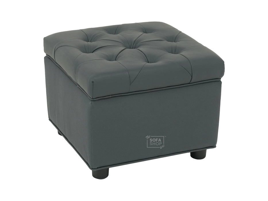 Grey Real Leather Footstool | Storage Ottoman for Sofa - Square