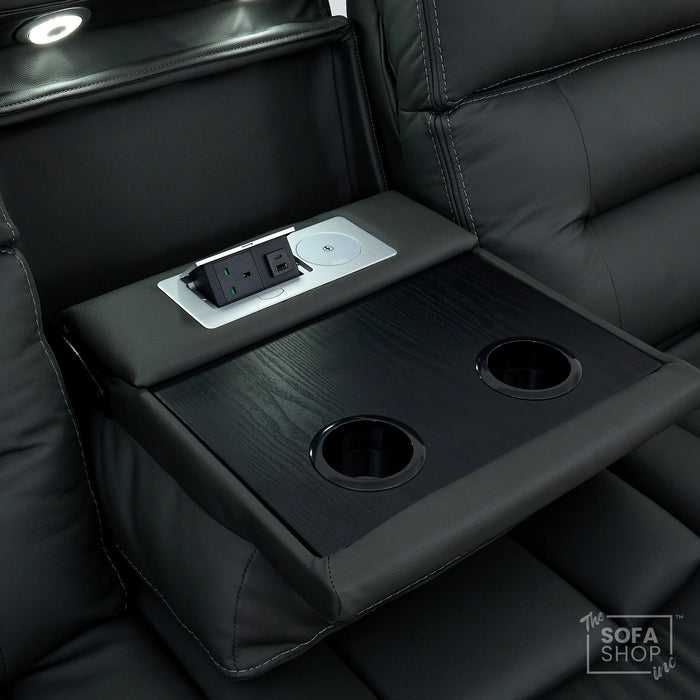 3 Seater Electric Recliner Cinema Sofa in Grey Real Leather | Hi-Tech Cinema Seats with Massage, Drop-Down Table, LED Reading Light, Power Headrest, Power Recliner, Storage Drawer, Heating, USB & Wireless Charging | Sicily