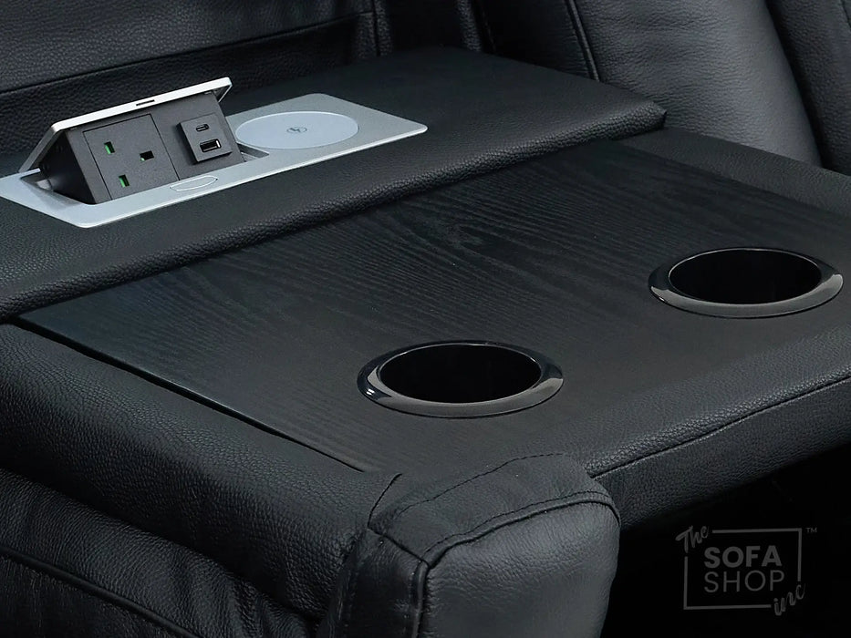 Real Leather 3+1 Electric Recliner Sofa Set In Black | Cinema Sofa Seats Package with USB Ports, Storage & Charger | Capri
