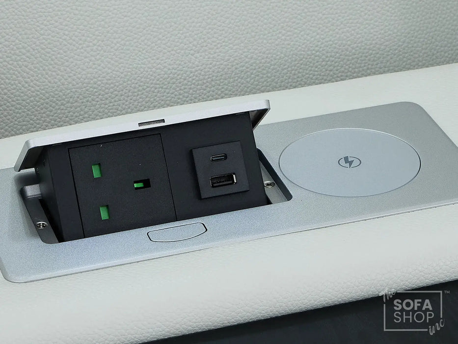 3 Seater Real Leather Electric Recliner Sofa with Fold-Down Table, Bluetooth Speakers, USB, Storage & Cupholders | White Genuine Leather | Napoli Series One