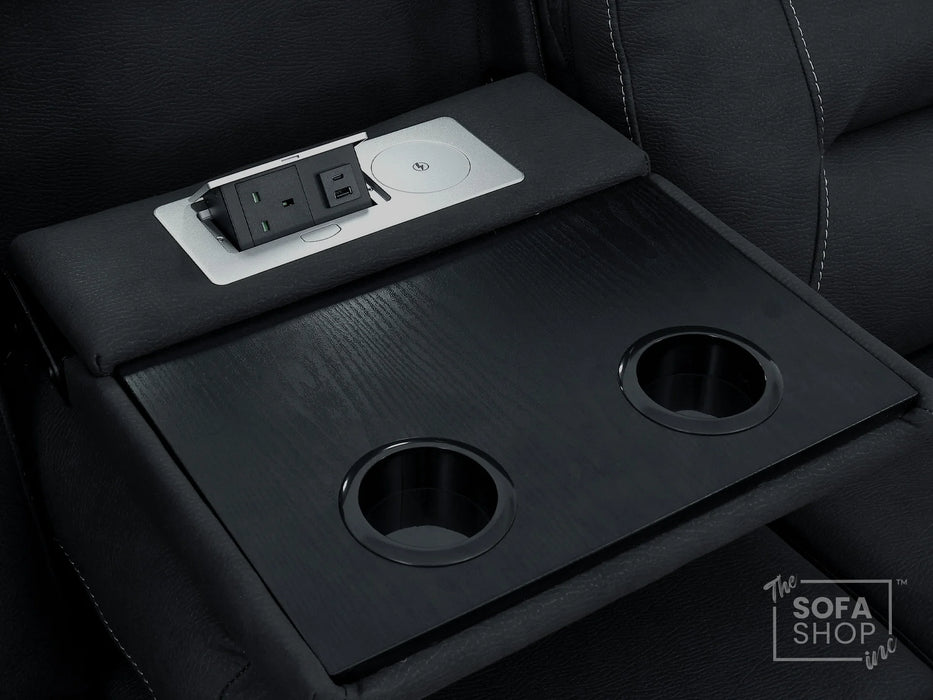 3 Seat Electric Recliner Home Cinema Sofa | Fabric Couch In Charcoal Grey | Hi-Tech Sofa with Massage + Cupholders + Table + Power Headrests + Speakers | Florence