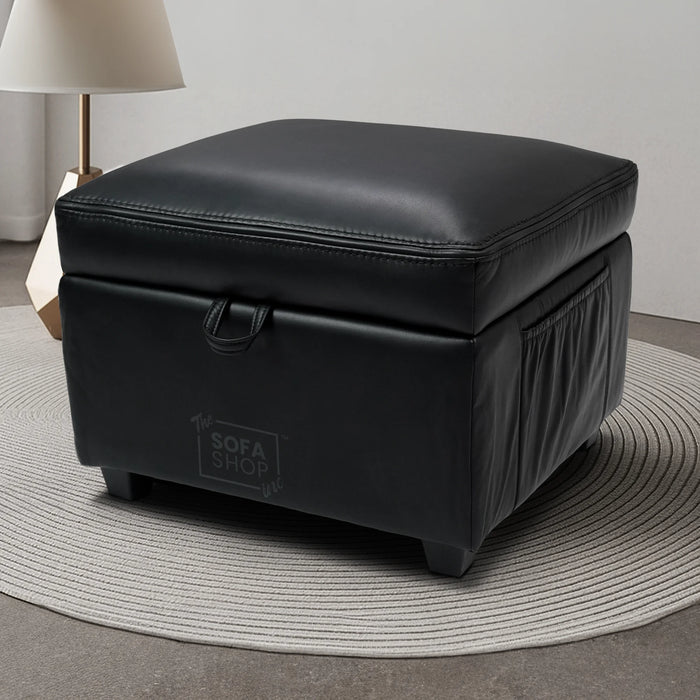 Black Leather Storage Footstool - Ravenna