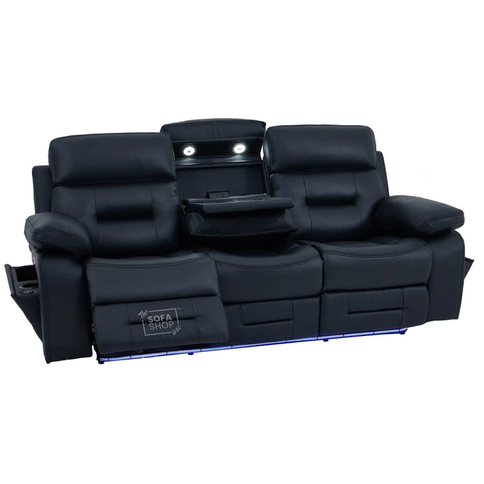 3+1 Electric Recliner Sofa Suite in Black Real Leather | Hi-Tech Cinema Set with Power Recline, Power Headrest, Drop-Down Table, Storage Drawer, USB & Wireless Charging | Sicily | The Sofa Shop