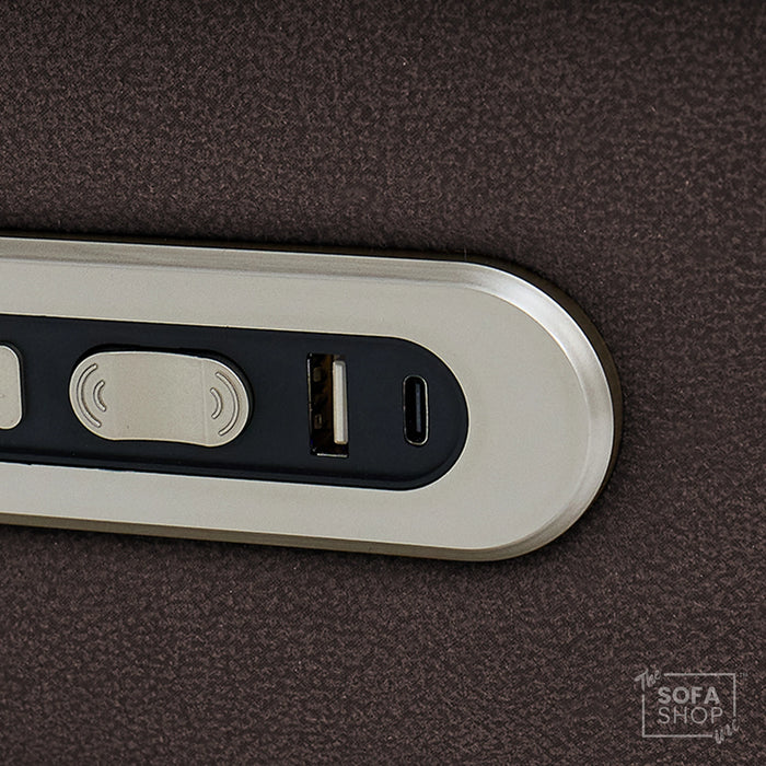 1 Seater Dark Brown Fabric Electric Recliner Cinema Armchair | Hi-Tech Recliner Chair with 8-Point Massage, Heated Lumbar, Cooling Cupholder, Power Headrest & Power Grommet | Tuscany | The Sofa Shop