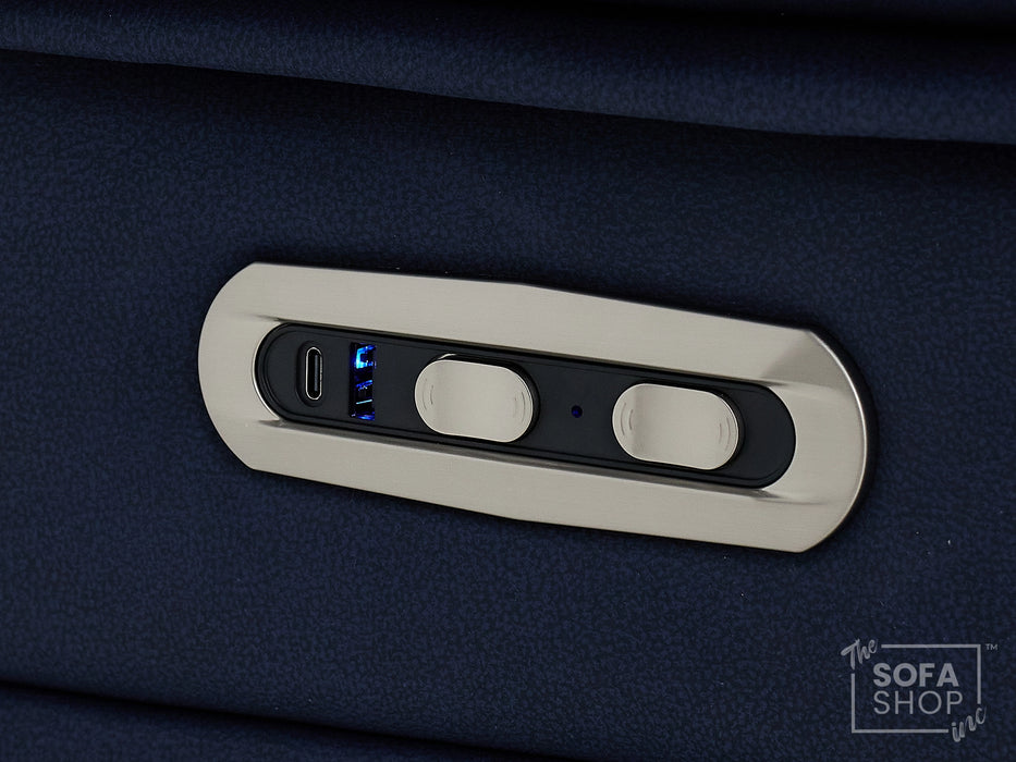 3+1 Electric Recliner Sofa Suite in Blue Resillience Fabric | Hi-Tech Cinema Set with Massage, Drop-Down Table, Power Headrest, Power Recliner, Storage Drawer, USB & Wireless Charging | Sicily