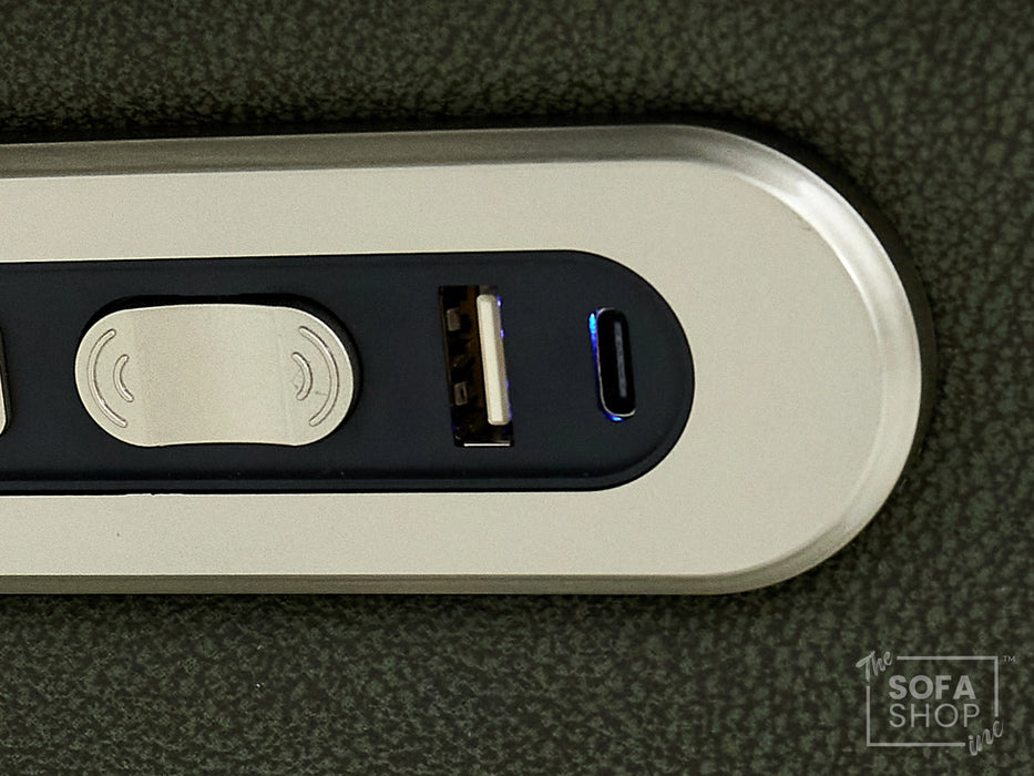 2 Seater Hi-Tech Sofa | Electric Recliner Home Cinema Seat in Green Fabric with Massage + Chilled Cupholders + Console + Power Sockets + USB | Vinsonova