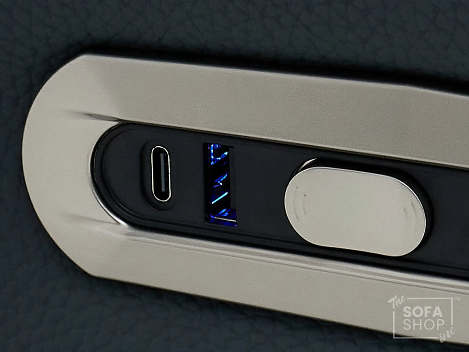 3+2 Cinema Sofa Set in Blue Genuine Leather with Massage, Drop-Down Table, Cup Holders, LED Reading Light, Power Recliner, USB Ports, Socket Set & Storage | Blue Leather | Napoli | The Sofa Shop