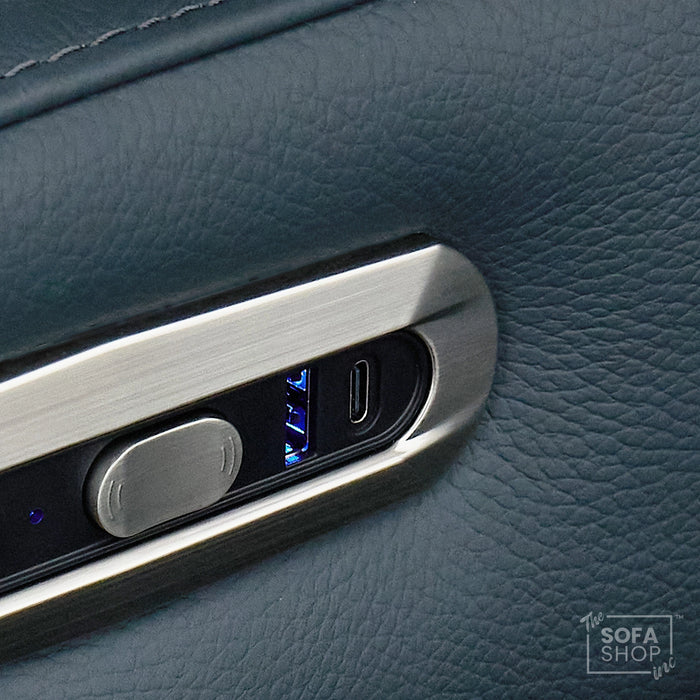 Real Leather Recliner Chair In Blue with Power Headrest, Power Recline, Massage, Heating, USB Charging, Cooling Cup Holder & Tray Table | Capri