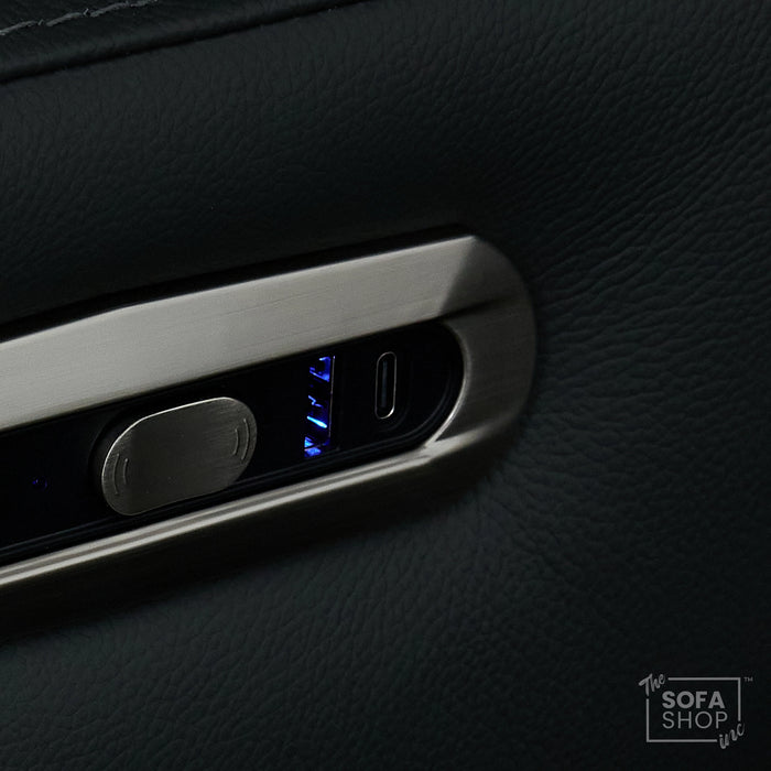 Real Leather Recliner Chair & Cinema Seat in Grey | Electric Armchair with Massage, Heating, LED Cup Holders, Table & USB Ports | Capri