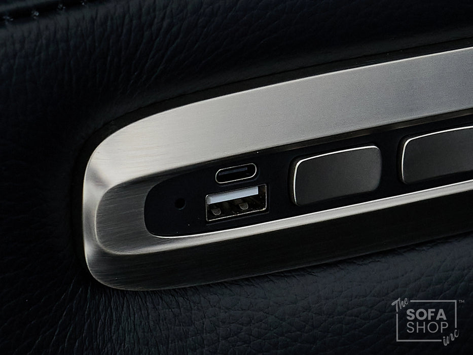 2 Seater Cinema Sofa in Black Real Leather | Luxury Theatre & Home Cinema Seating | Electric Recliner With Cooling Cup Holders + Lumbar Support | USB Charging + LED Lights | Assisi