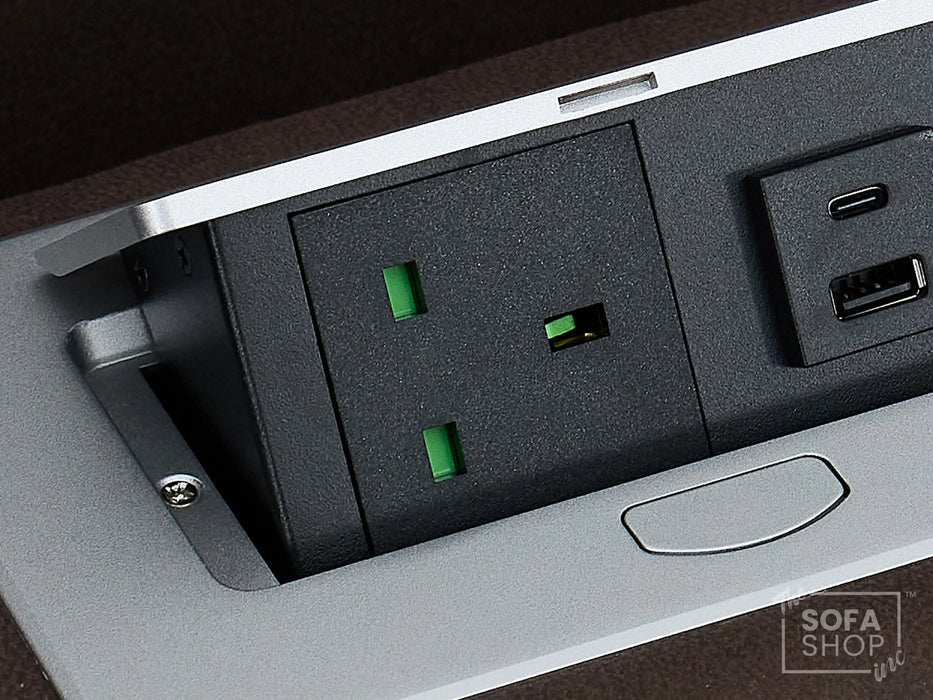 3+2 Electric Recliner Sofa Set in Brown Resillience Fabric | Hi-Tech Cinema Package with Massage, Drop-Down Table, Power Headrest, Power Recliner, Storage Drawer, USB & Wireless Charging | Sicily