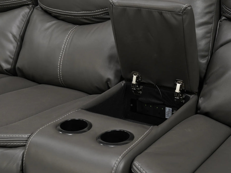 4 Seater Electric Recliner Sofa in Grey Leather with Wireless Charging, USB Ports, Cup Holders, and 2 Drop-Down Tables | Slightly Used | Highgate | Second Hand Sofa 90