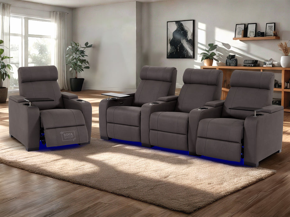 3+1 Piece Electric Home Cinema Theatre Sofa Set | Fabric Couch Suite Package In Grey + Chilled Cupholders + Console + Table + Power + Usb + Led Lights | Rimini | The Sofa Shop