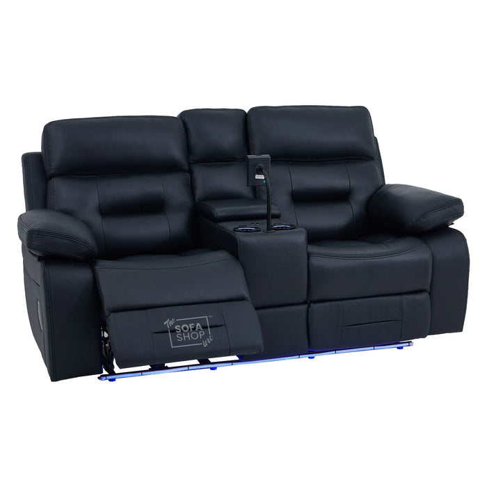3+2 Electric Recliner Sofa Set in Black Real Leather | Hi-Tech Cinema Sofa Set with Bluetooth Speakers & Multi-Link, Power Grommets, Power Headrest, Power Recliner, USB & Wireless Charging | Sicily | The Sofa Shop