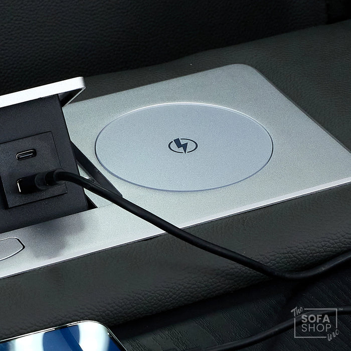 3 Seater Electric Recliner Cinema Sofa in Grey Real Leather | Hi-Tech Cinema Seats with Massage, Drop-Down Table, LED Reading Light, Power Headrest, Power Recliner, Storage Drawer, Heating, USB & Wireless Charging | Sicily