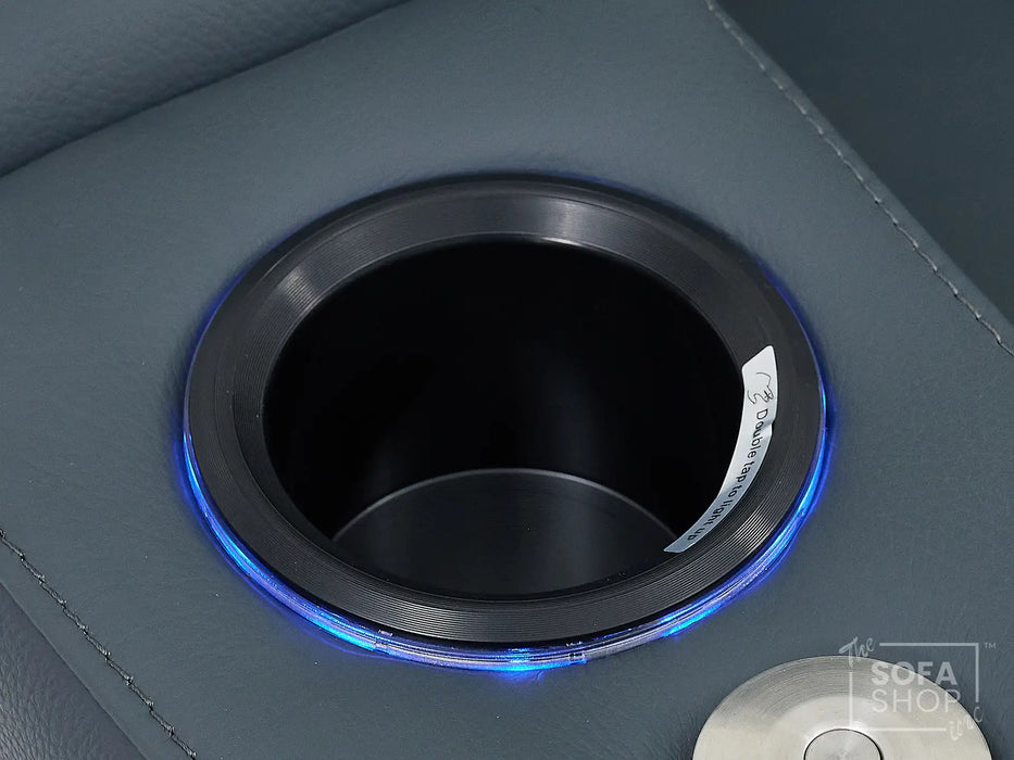 Real Leather Recliner Chair In Blue with Power Headrest, Power Recline, Massage, USB Charging, LED Cup Holder & Tray Table | Capri