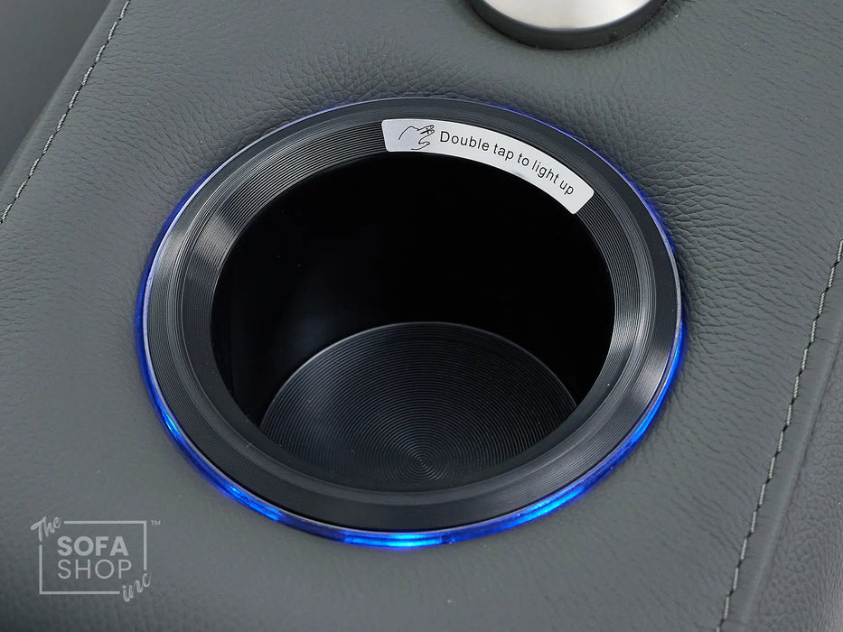 Real Leather Recliner Chair & Cinema Seat in Grey | Electric Armchair with Massage, LED Cup Holders, Table & USB Ports | Capri